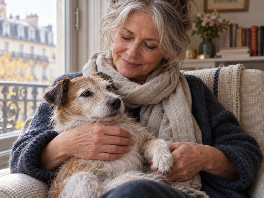 Older woman holding her terrier close