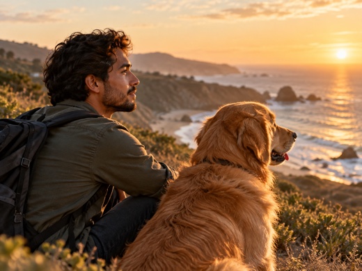 Man and dog sitting side by side at the coast
