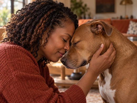 Woman touching foreheads with her dog